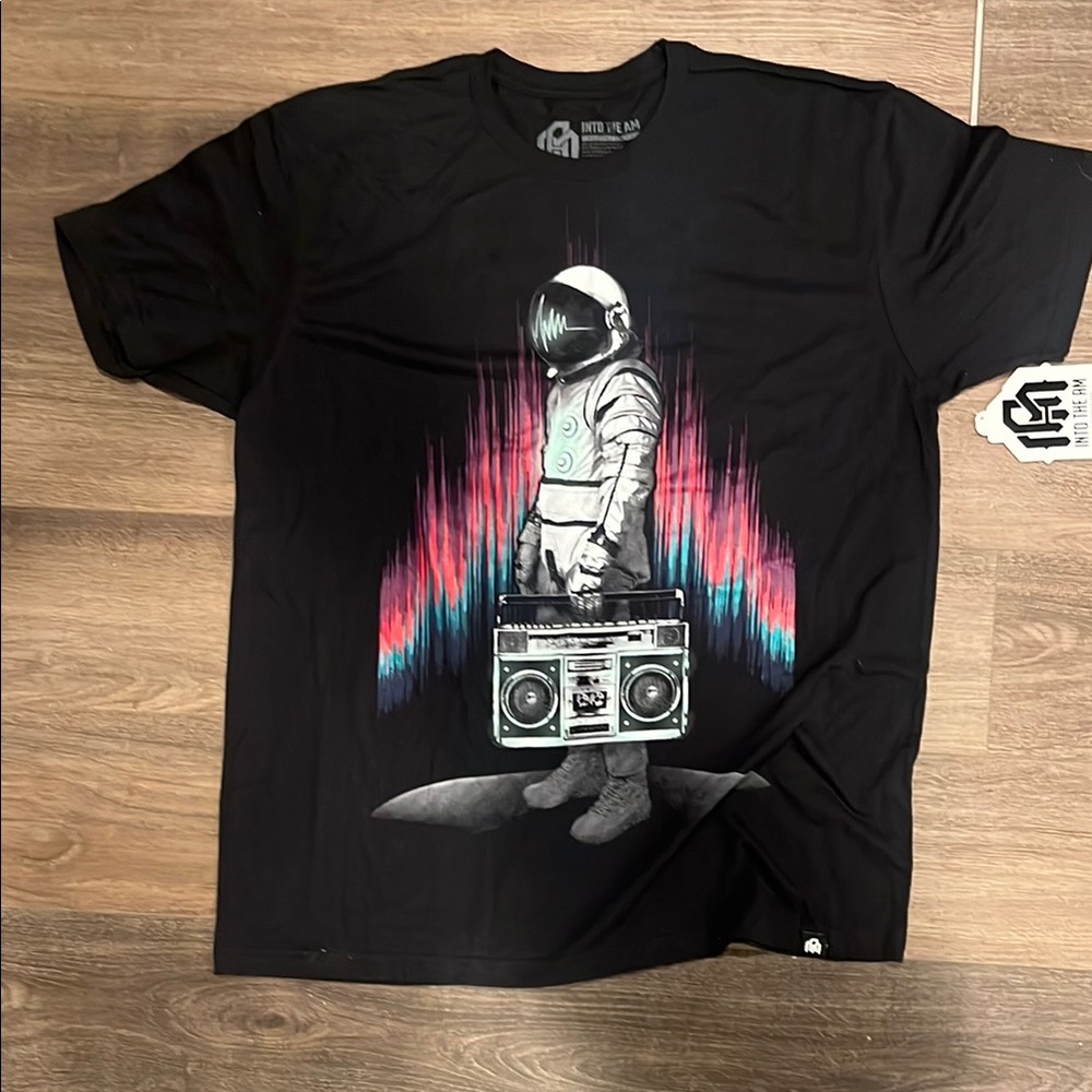 Black T-Shirt with Astronaut and Boombox Design